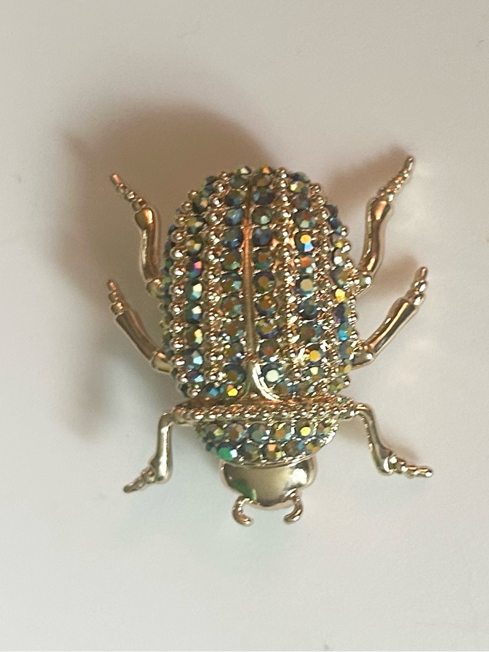 Vintage Gold-tone Beetle Brooch with Multicolor Rhinestones